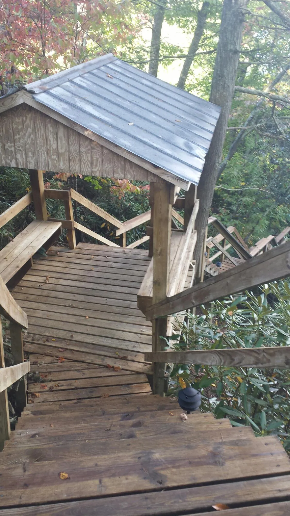 Metal roofed shelter over wooden steps on a wooded walkway — Skylight Repair & Installation work by our crew in Darlington